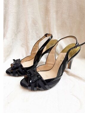 Black Slingback Peep-Toe Heels with Bow Detail in Black Suede & Patent Leather